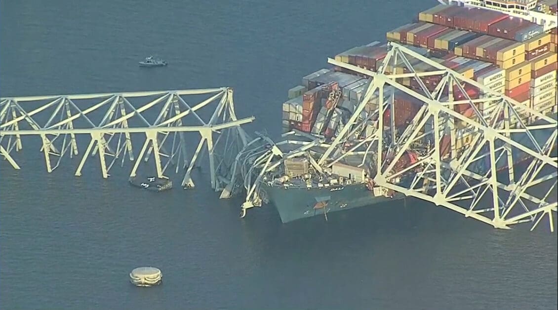 Parts of the Francis Scott Key Bridge remain after a containership collided with a support. (WJLA via Associated Press)